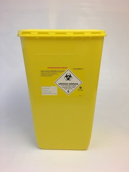 Riskavfallsbox gul 50l enkellock etikett skär/stick
