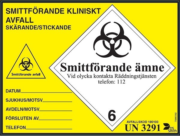 Etikett skär/stick riskavfall 150x200mm gul/svart rle/100