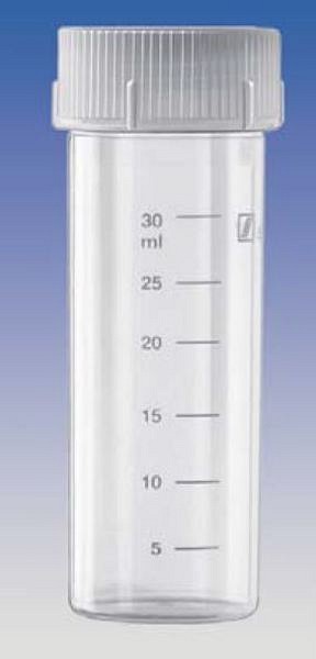 Bägare 40ml transp med skruvlock pl d28,5xh85mm graderad ofärgad