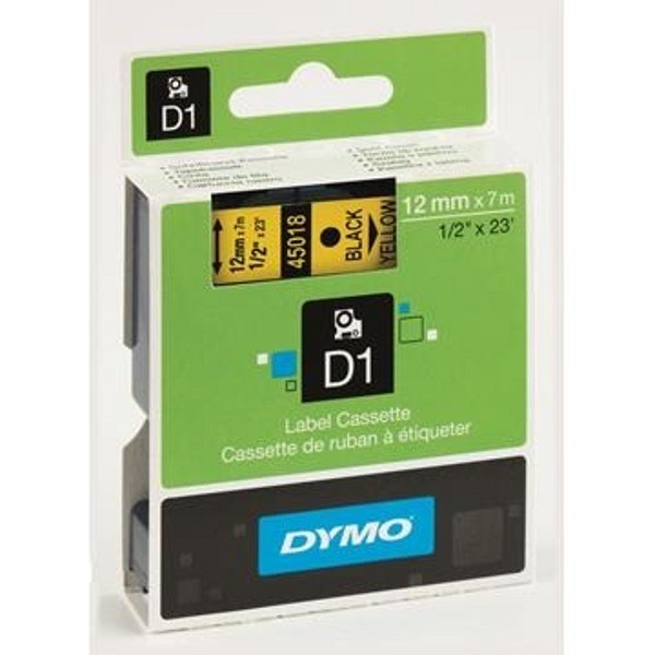 Märkband Dymo D1 svart/gul 12mmx7m svart på gul
