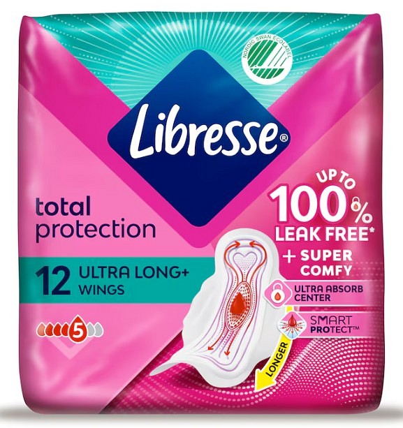 Binda Libresse Ultra Long + med vingar för riklig mens, Längd 284mm
